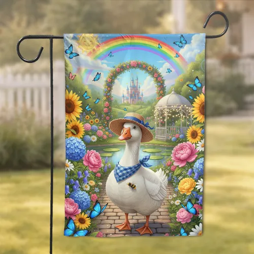 White Goose Fairytale Garden Castle Rainbow - Home Decor Gift for Garden Lover Garden Flag