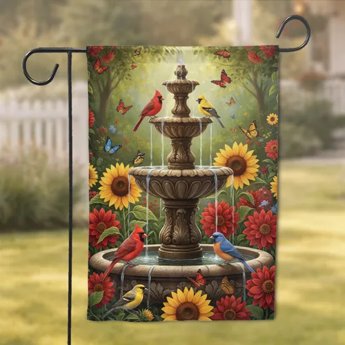 Water Fountain Songbirds Sunflowers Butterflies - Garden Lover Home Decor Gift Garden Flag
