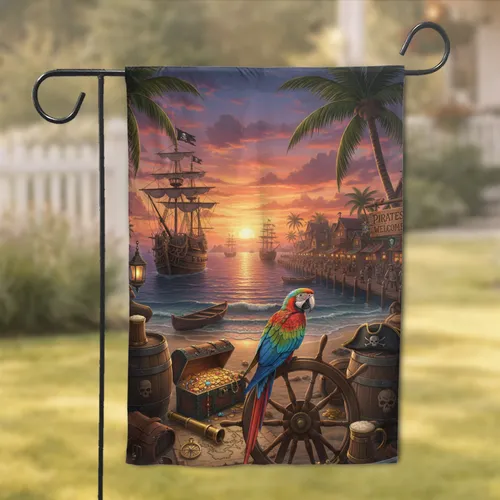 Pirate Galleon Treasure Sunset - Adventure Lover Gift for Pirate Enthusiasts Garden Flag