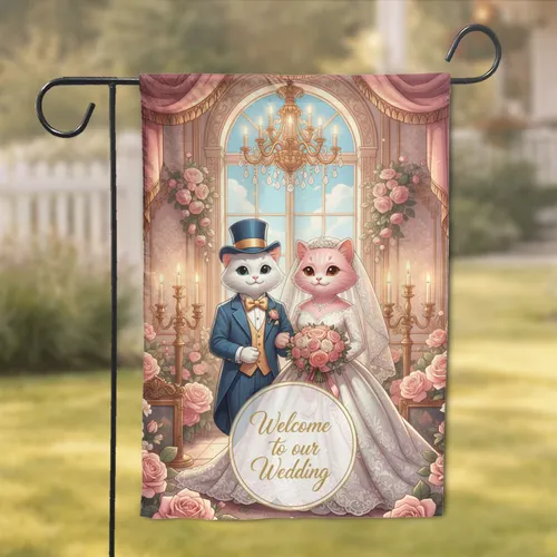Cat Bride Groom Welcome Wedding - Gold Floral Wedding Day Gift for Couples Garden Flag