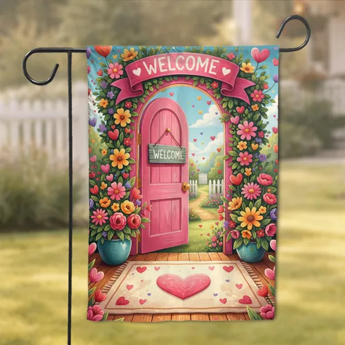 Open Pink Door Welcome Heart Garden - Home Decor Gift for Garden Lover Garden Flag