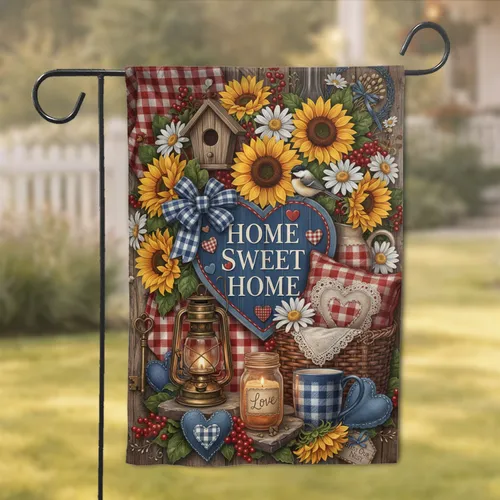 Rustic Farmhouse Home Sweet Home Heart Sign Sunflowers - Housewarming Gift Garden Flag