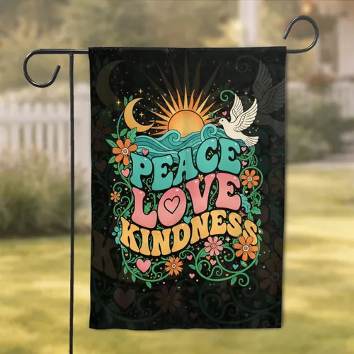 Peace Love Kindness Message Dove Olive Branch Sun Moon Stars Flowers Hearts Vines - Wellness Home Decor Gift Garden Flag