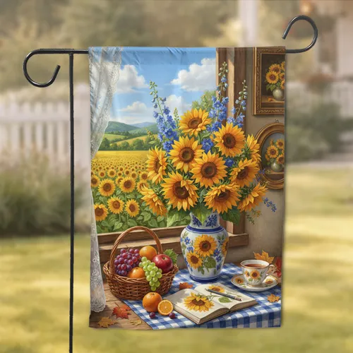 Sunflower Delphinium Bouquet Window Still Life Farmhouse Home Decor for Garden Lover Garden Flag