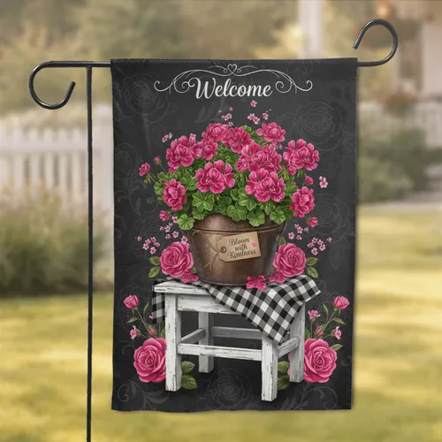 Pink Geranium Rose Welcome Sign - Farmhouse Home Decor Gift for Garden Lovers Garden Flag