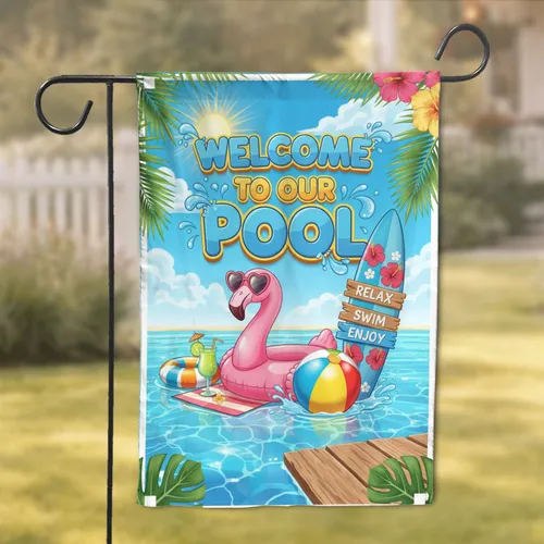Welcome Pool Flamingo Surfboard Scene - Summer Relaxation Home Decor Gift Garden Flag