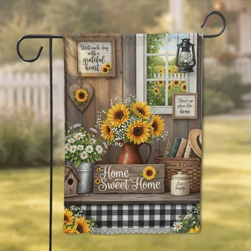 Sunflower Terracotta Pitcher Home Sweet Home Sign - Farmhouse Country Living Decor Gift Garden Flag