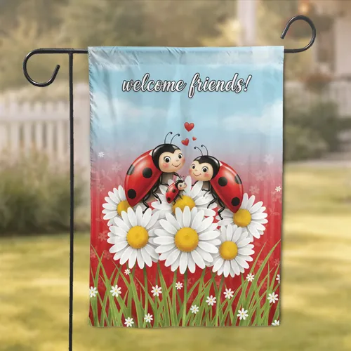 Welcome Friends Ladybug Daisy Hearts Clouds Green Grass Sky - Guest Welcome Home Decor Gift Garden Flag