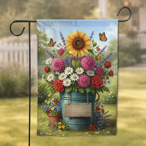 Sunflower Dahlias Butterflies Teal Bucket Garden - Home Decor Gift for Garden Lover Garden Flag