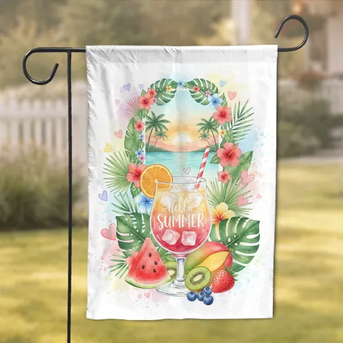 "hello SUMMER" Cocktail Tropical Sunset Fruit - Summer Home Decor Gift Garden Flag