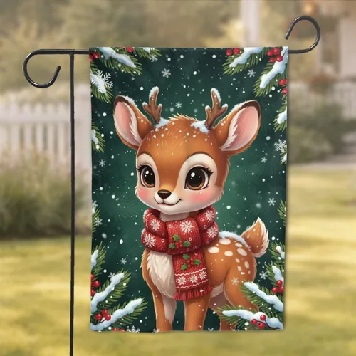 Charming Fawn Red Scarf Pine Snowflakes - Christmas Home Decor Gift for Fawn Lover Garden Flag