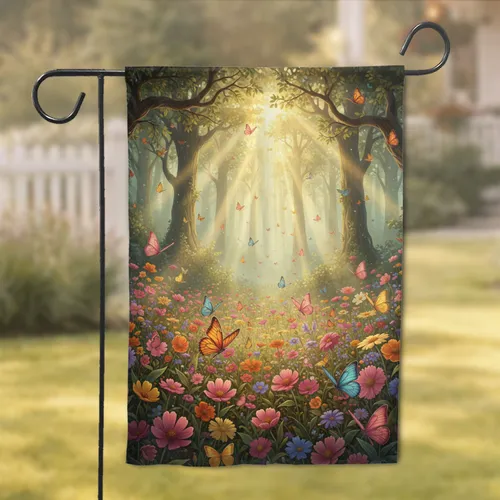 Wildflowers Butterflies Forest Sunbeams - Home Decor Gift for Nature Lover Garden Flag