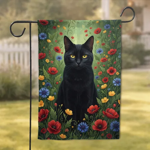 Black Cat Red Poppies Blue Cornflowers Wildflower Meadow - Cat Lover Home Decor Gift Garden Flag