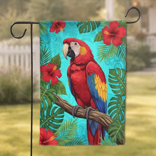 Scarlet Macaw Parrot Tropical Hibiscus Jungle - Home Decor Gift for Wildlife Lover Garden Flag
