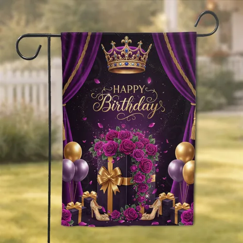 Regal Purple Golden Crown Birthday Roses Gift Box Velvet Drapes - Celebration Gift Garden Flag
