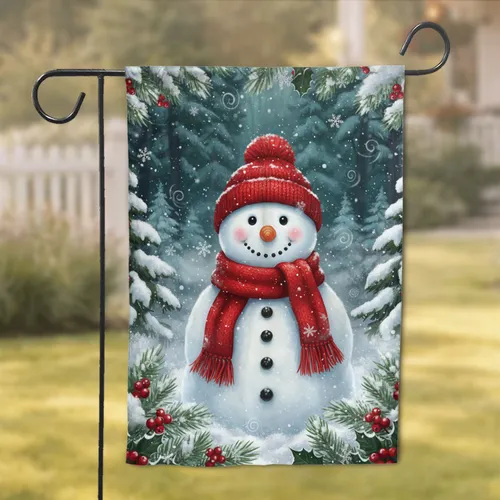 Cheerful Snowman Holly Winter Forest - Christmas Home Decor Gift Garden Flag