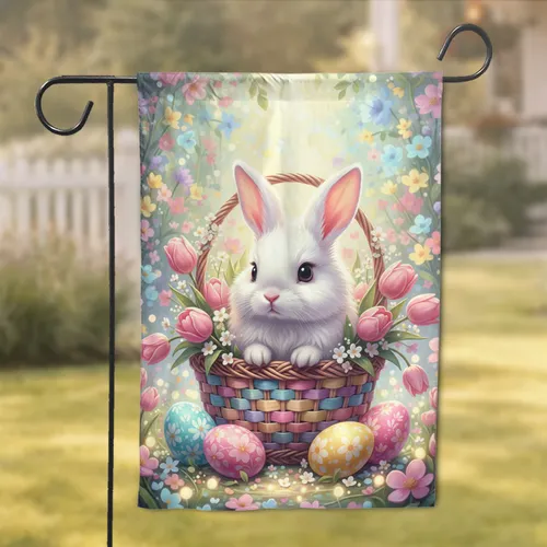 Fluffy Baby Bunny Easter Basket Pink Tulips Eggs - Spring Easter Decor Garden Flag