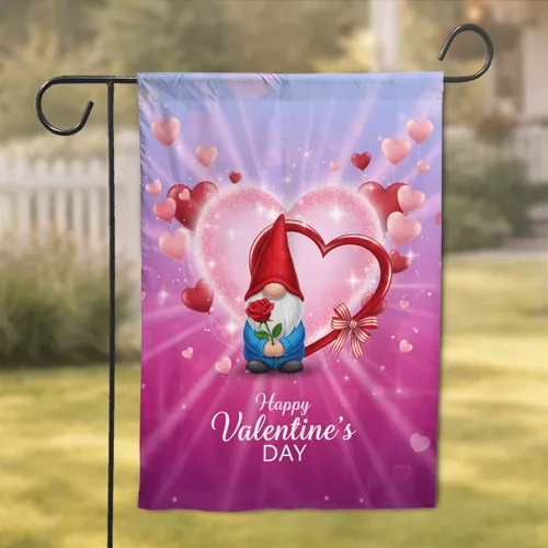 Garden Gnome Red Rose Intertwined Hearts Floating Balloons - Happy Valentine's Day Garden Flag