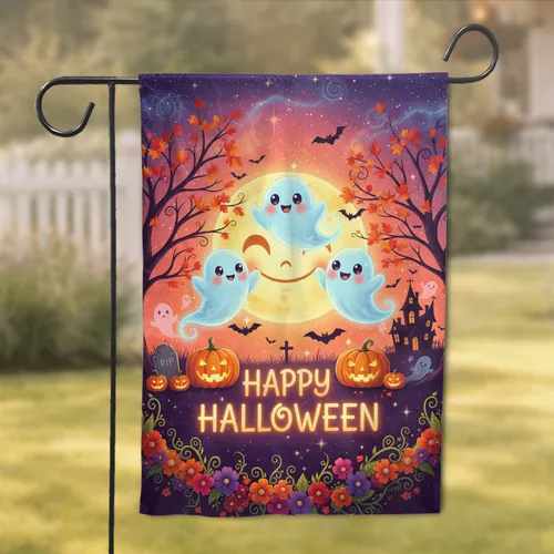 Happy Halloween Ghosts Smiling Moon Jack-o-Lanterns - Halloween Party Decor Garden Flag