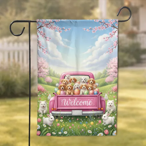 Pink Vintage Truck Puppies Easter Eggs Welcome - Easter Holiday Home Decor Garden Flag