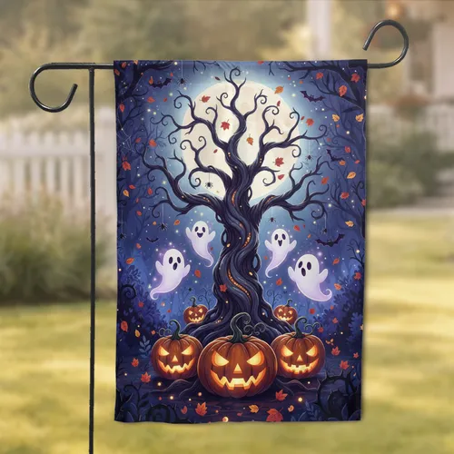 Haunted Tree Ghosts Jack-o'-Lanterns Full Moon Bats - Halloween Party Decor Garden Flag