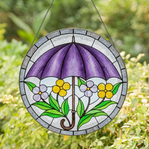 Deep Purple Umbrella Yellow Flowers Green Leaves - Home Decor Gift Stained Glass Suncatcher