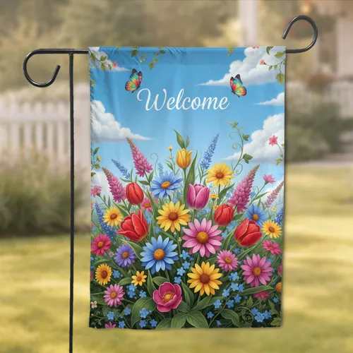 Welcome Sign Garden Flowers Butterflies Sky - Home Decor Gift Garden Flag