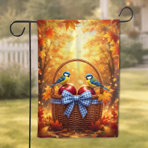 Wicker Picnic Basket Red Apples Blue Birds Fall Leaves - Autumn Home Decor Gift Garden Flag