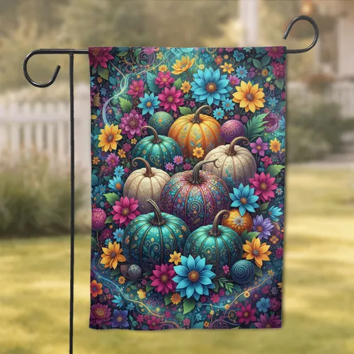 Lush Garden Pumpkins Floral Foliage Luminous Swirls - Home Decor Gift Garden Flag