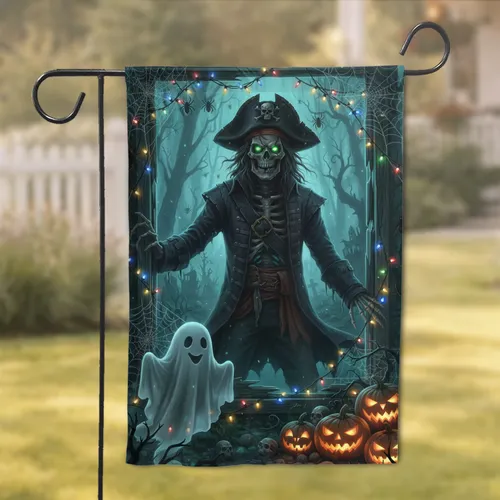 Glowing Green Eye Pirate Skeleton Ghost Pumpkins Graveyard - Halloween Party Decor Garden Flag