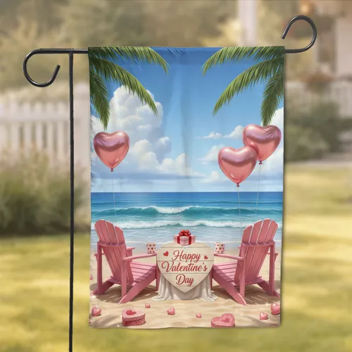 Happy Valentine's Day Beach Chairs Ocean Scene - Home Decor Gift Garden Flag