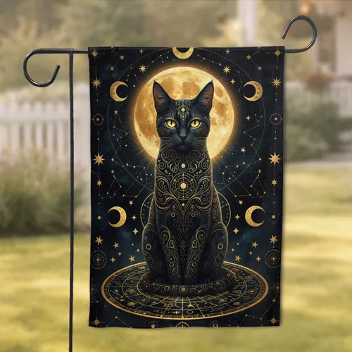 Black Cat Golden Filigree Moon Stars Constellations - Cat Lover Home Decor Gift Garden Flag