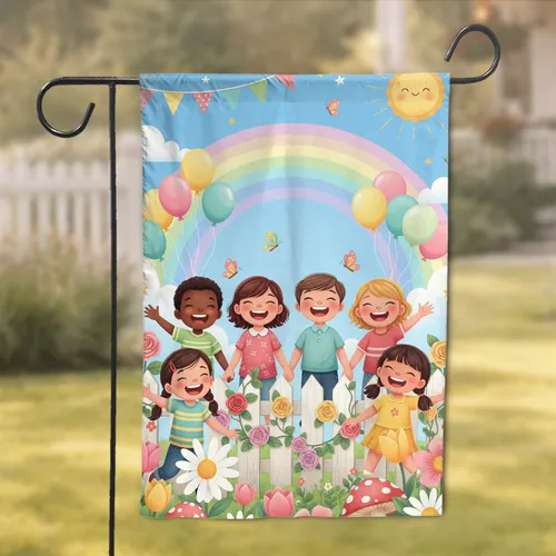 Smiling Children Picket Fence Balloons Flowers Sun - Celebration Room Decor Gift Garden Flag