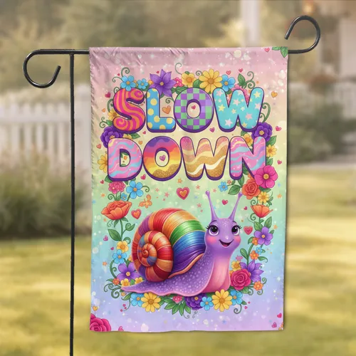 Slow Down Text Snail Rainbow Shell Floral Garden Hearts Stars - Home Decor Gift Garden Flag