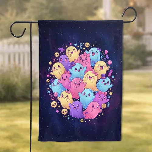 Cute Cartoon Ghosts Skulls Stars Cosmic Night Sky - Halloween Party Home Decor Gift Garden Flag