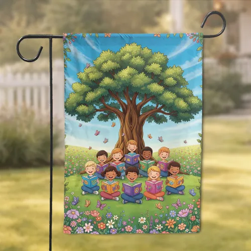 Cheerful Children Reading Wildflower Tree Meadow - Home Decor Gift for Book Lovers Garden Flag