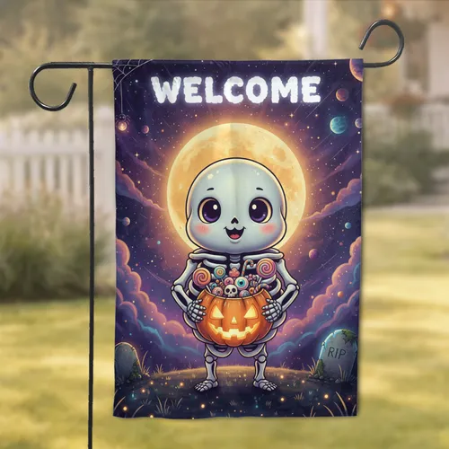 Cartoon Skeleton Jack-o'-Lantern Welcome - Halloween Party Decor Garden Flag