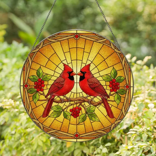 Cardinal Pair Gnarled Branch Berries Leaves Scrollwork - Wildlife Lover Home Decor Gift Stained Glass Suncatcher