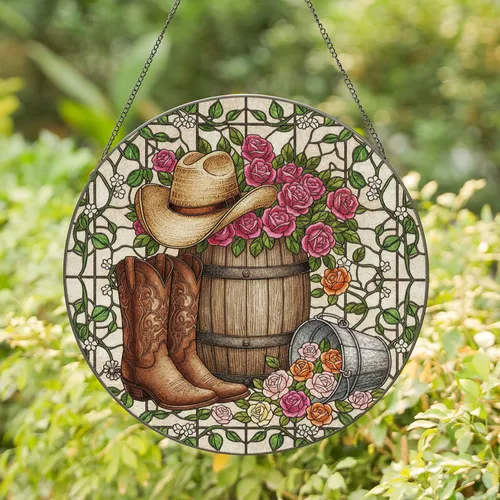 Western Cowboy Hat Boots Pink Roses - Farmhouse Decor Gift for Western Home Stained Glass Suncatcher