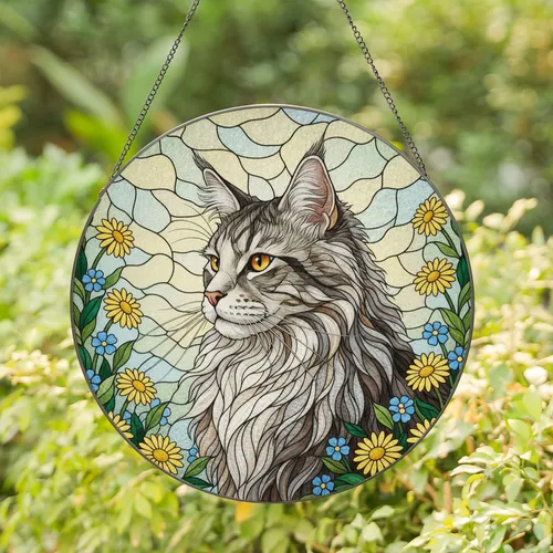 Amber-Eyed Long-haired Cat Daisies Wildflowers - Cat Lover Home Decor Gift Stained Glass Suncatcher