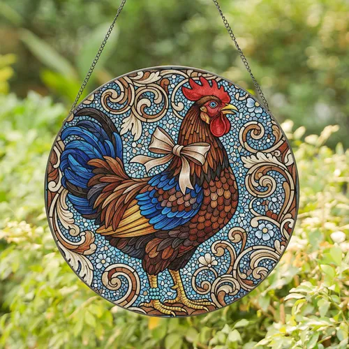 Regal Hen Mosaic - Farmhouse Home Decor Gift for Chicken Lovers Stained Glass Suncatcher