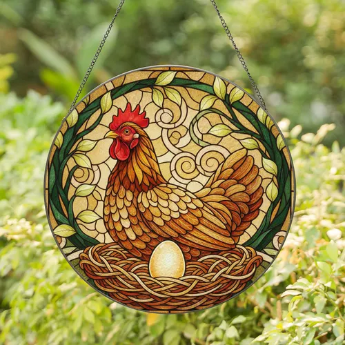 Proud Hen Red Comb Wattle Nest Glowing Egg - Farmhouse Home Decor Gift for Hen Lovers Stained Glass Suncatcher