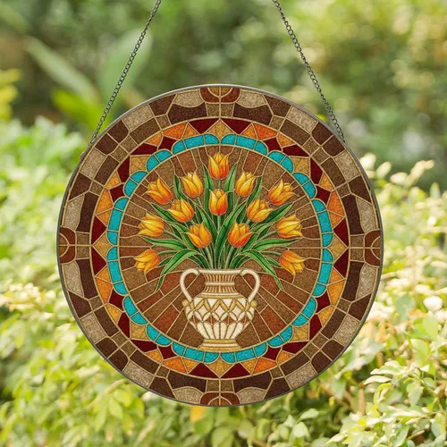 Orange Yellow Tulips Stained Glass Vase Border Mosaic - Home Decor Gift Stained Glass Suncatcher