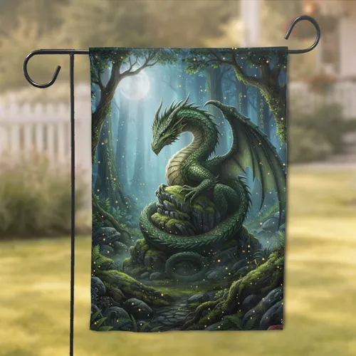 Green Dragon Full Moon Enchanted Forest - Fantasy Lover Home Decor Gift Garden Flag