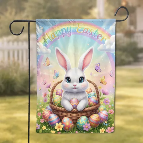 Happy Easter Bunny Basket Rainbow - Spring Holiday Decor Gift Garden Flag
