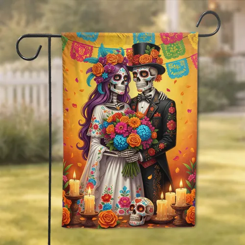 Day of the Dead Sugar Skull Couple Papel Picado - Celebration Decor Garden Flag