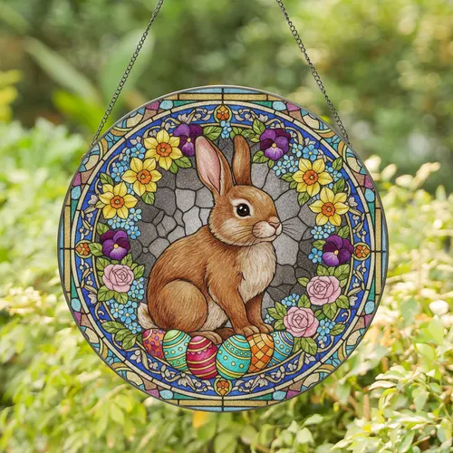 Bunny Rabbit Spring Flowers Easter Eggs Stained Glass - Easter Home Decor Gift Stained Glass Suncatcher