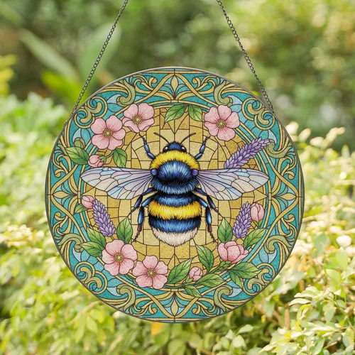 Bumblebee Botanical Garden Flowers - Home Decor Gift for Wildlife Lover Stained Glass Suncatcher