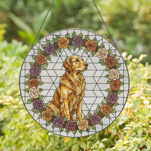 Golden Retriever Dog Deep Purple Rose Wreath - Home Decor Gift for Dog Lovers Stained Glass Suncatcher