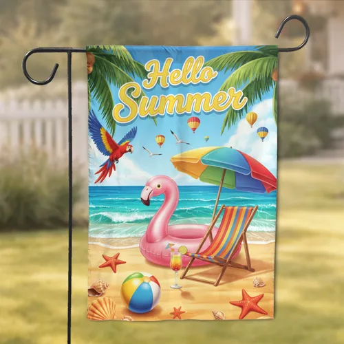 Hello Summer Tropical Beach Scene Flamingo Macaw Parrot - Summer Holiday Decor Garden Flag